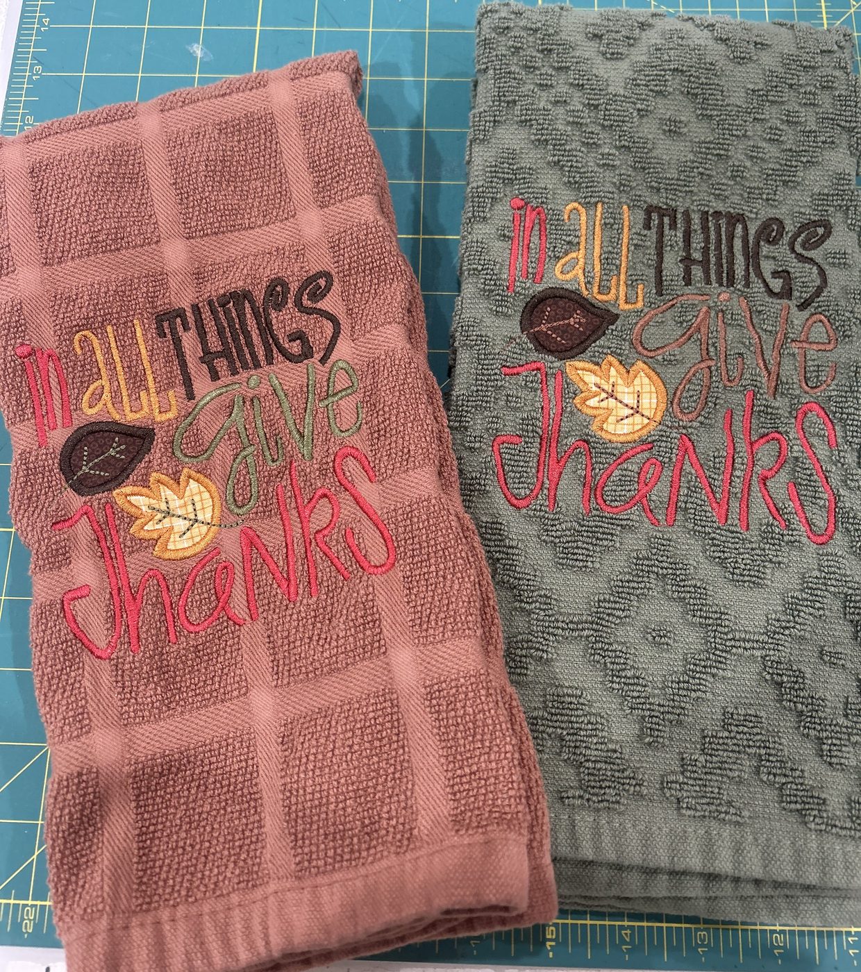 Embroidered give thanks towels